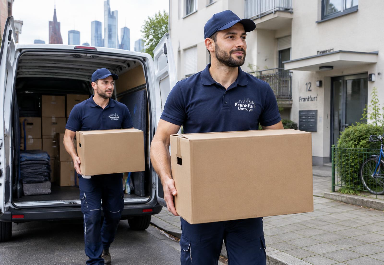 Zwei Umzugshelfer tragen Kartons aus einem Transporter vor einem Wohnhaus in Frankfurt